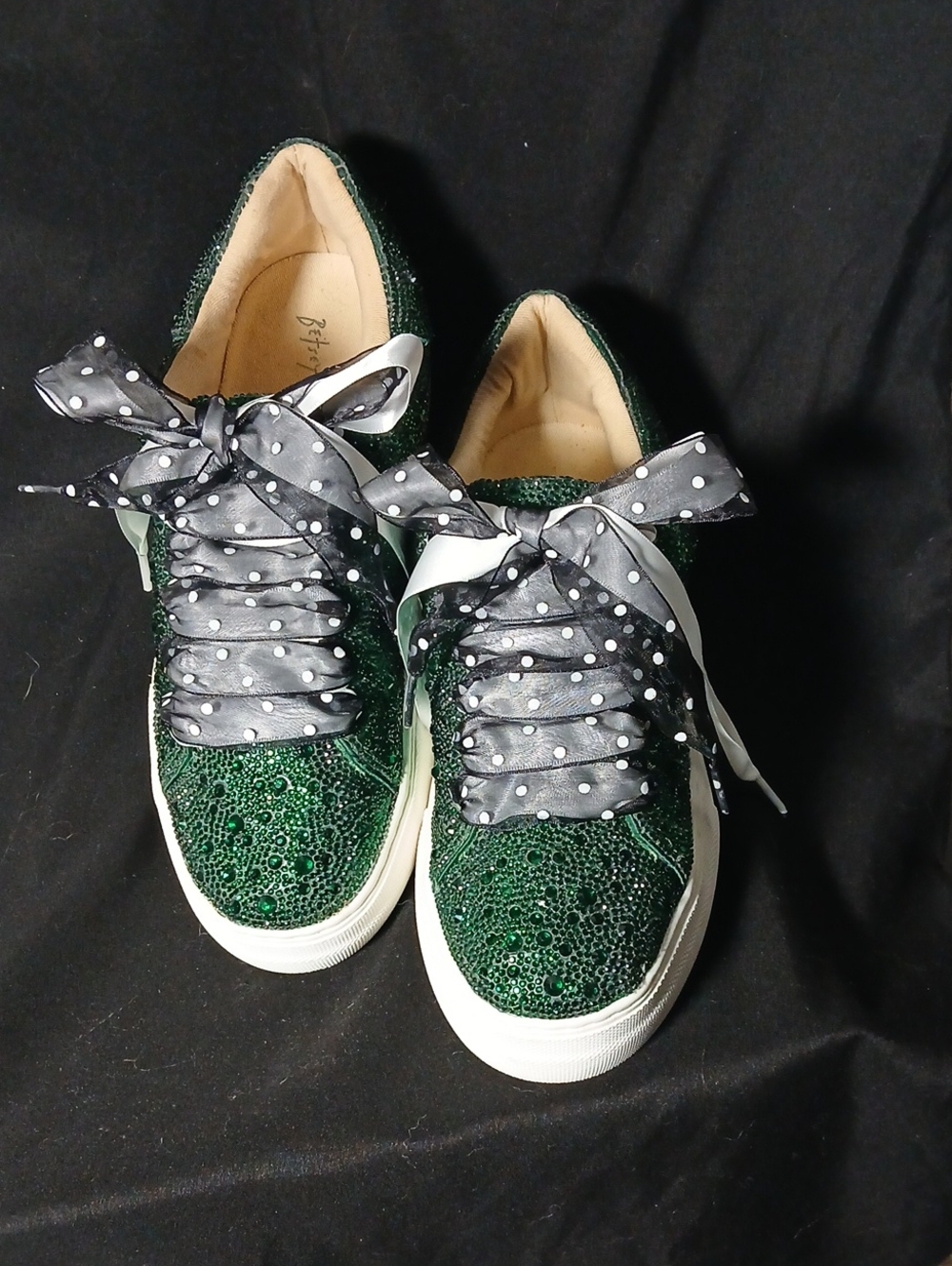 Betsey Johnson Emerald Green Glitter Sneakers with Polka Dot Ribbon Laces